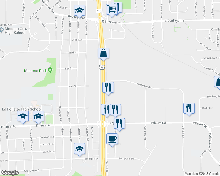 map of restaurants, bars, coffee shops, grocery stores, and more near 2209 South Stoughton Road in Madison
