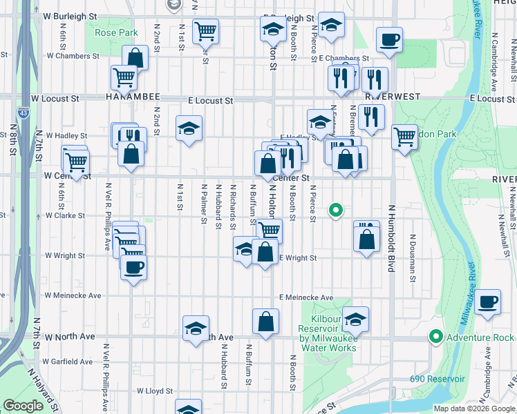 map of restaurants, bars, coffee shops, grocery stores, and more near 2630 North Buffum Street in Milwaukee