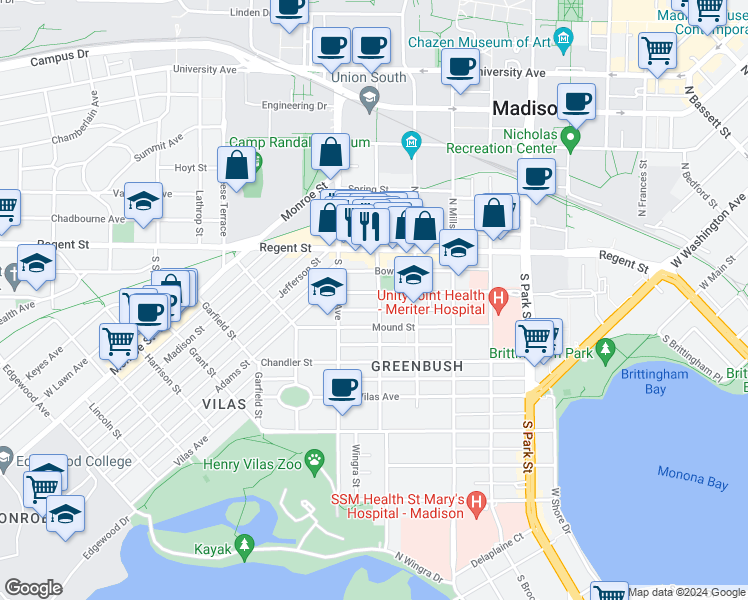 map of restaurants, bars, coffee shops, grocery stores, and more near 108 South Orchard Street in Madison