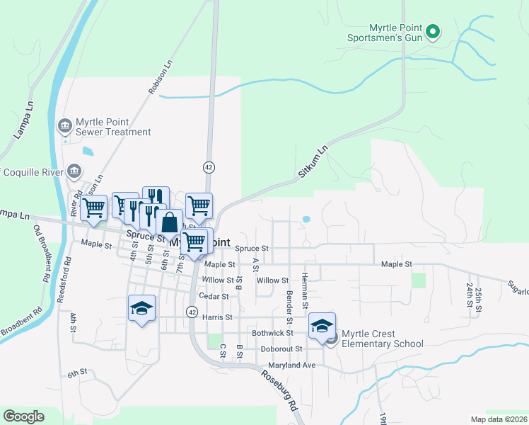 map of restaurants, bars, coffee shops, grocery stores, and more near 1211 Fairview Street in Myrtle Point