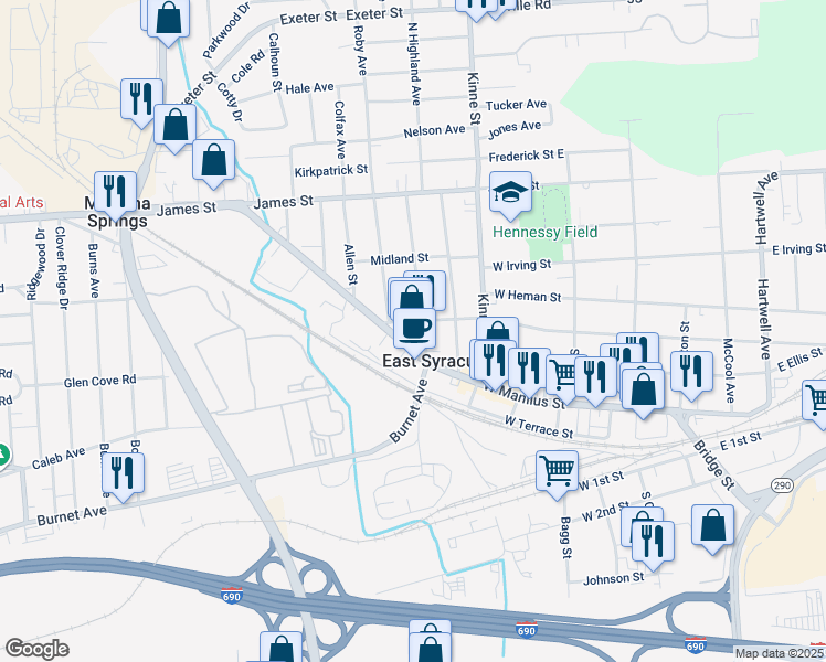 map of restaurants, bars, coffee shops, grocery stores, and more near 506 West Yates Street in East Syracuse
