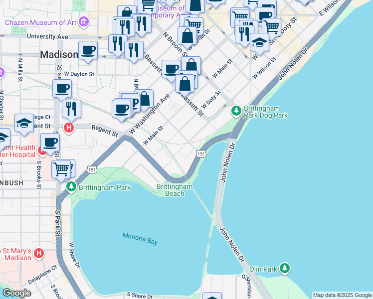 map of restaurants, bars, coffee shops, grocery stores, and more near 302 S Bedford St in Madison