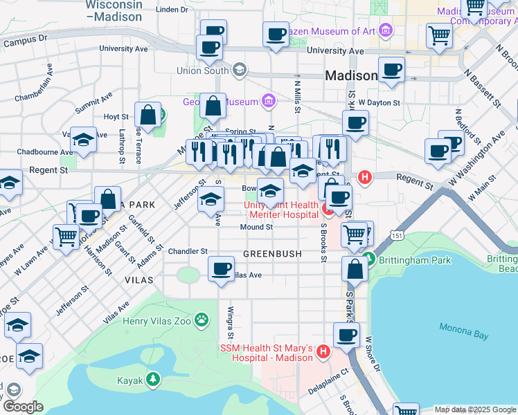 map of restaurants, bars, coffee shops, grocery stores, and more near 1221 Milton Street in Madison