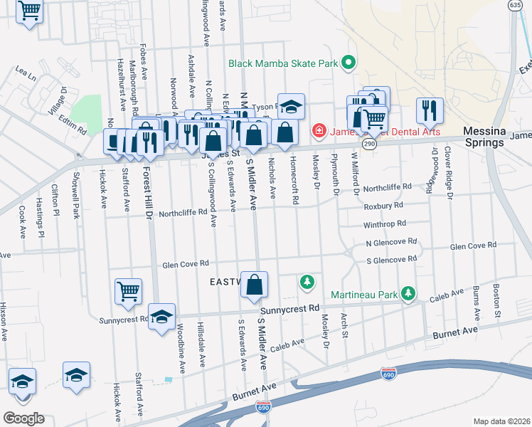 map of restaurants, bars, coffee shops, grocery stores, and more near 180 Nichols Avenue in Syracuse