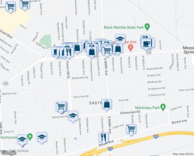map of restaurants, bars, coffee shops, grocery stores, and more near 200 North Edwards Avenue in Syracuse