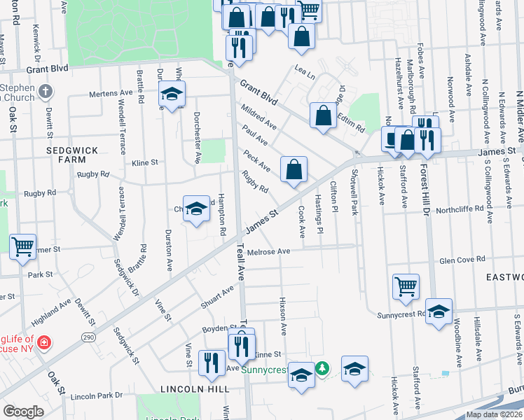 map of restaurants, bars, coffee shops, grocery stores, and more near 1340 Teall Avenue in Syracuse
