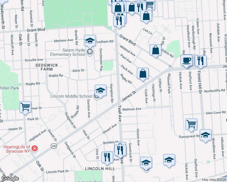 map of restaurants, bars, coffee shops, grocery stores, and more near 150 Hampton Road in Syracuse