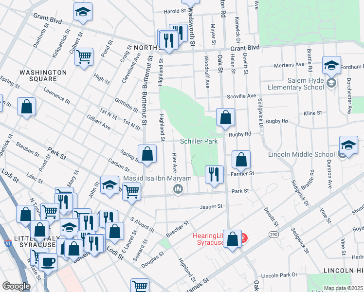 map of restaurants, bars, coffee shops, grocery stores, and more near 247 Grumbach Avenue in Syracuse
