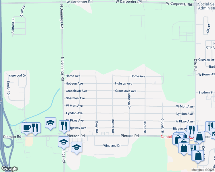 map of restaurants, bars, coffee shops, grocery stores, and more near 3348 Hobson Avenue in Flint