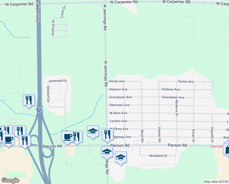 map of restaurants, bars, coffee shops, grocery stores, and more near 3504 Hobson Avenue in Flint