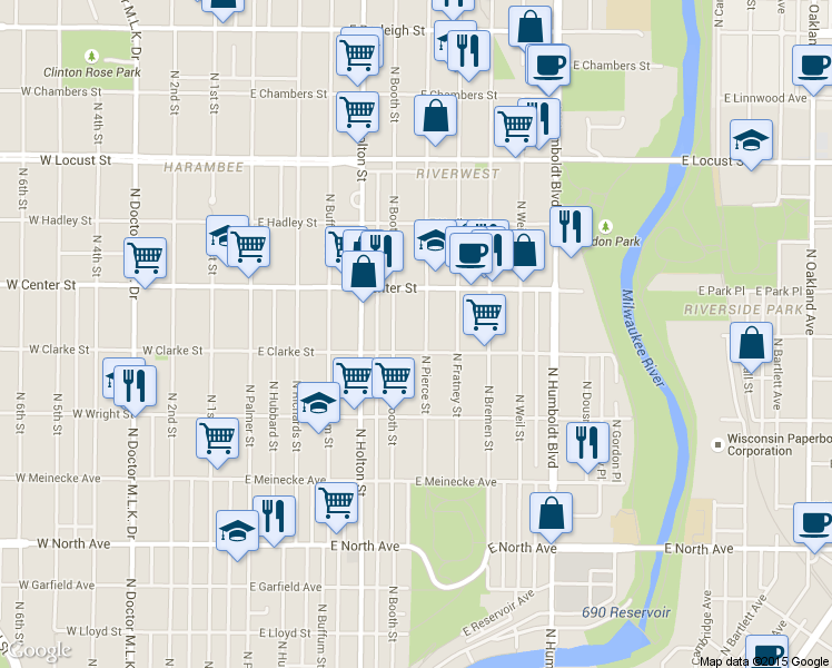 map of restaurants, bars, coffee shops, grocery stores, and more near 2637 North Pierce Street in Milwaukee
