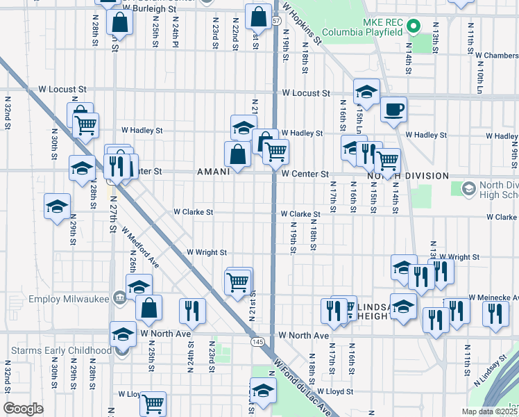 map of restaurants, bars, coffee shops, grocery stores, and more near 2631 North 21st Street in Milwaukee