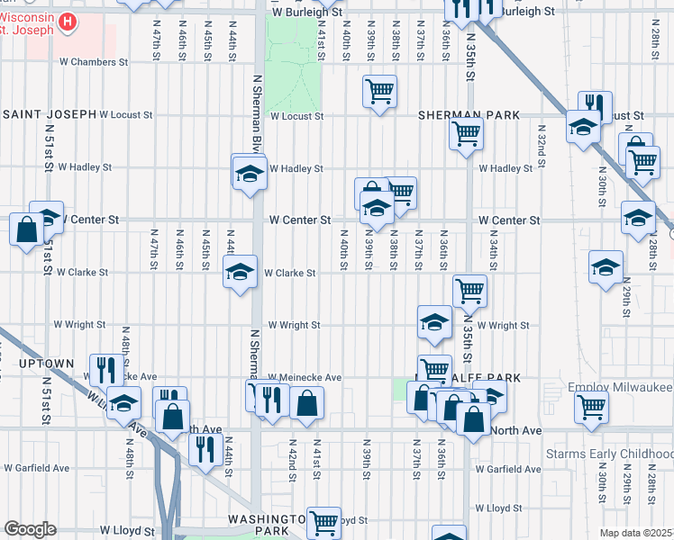 map of restaurants, bars, coffee shops, grocery stores, and more near 2612 North 40th Street in Milwaukee
