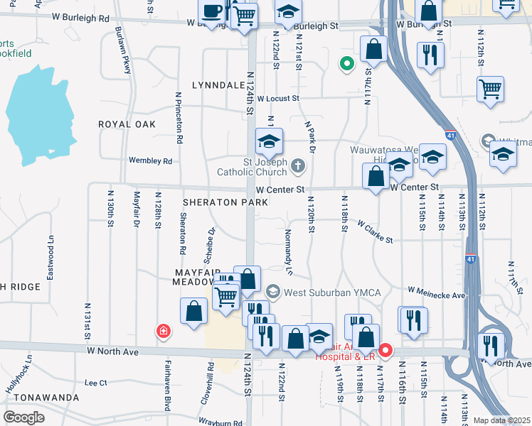 map of restaurants, bars, coffee shops, grocery stores, and more near 2646 North 124th Street in Wauwatosa