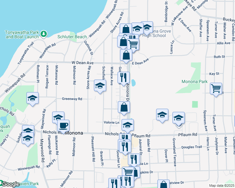 map of restaurants, bars, coffee shops, grocery stores, and more near 4908 Wallace Avenue in Madison
