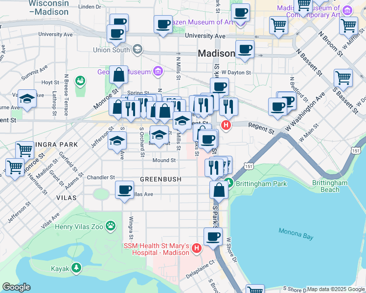 map of restaurants, bars, coffee shops, grocery stores, and more near 36 South Brooks Street in Madison
