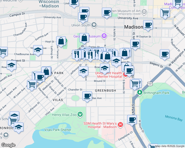 map of restaurants, bars, coffee shops, grocery stores, and more near 44 South Orchard Street in Madison