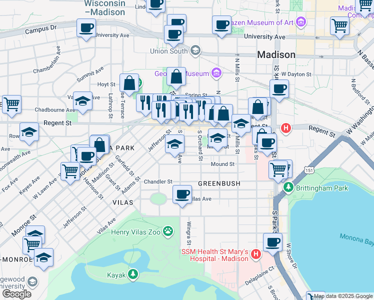 map of restaurants, bars, coffee shops, grocery stores, and more near 102 South Randall Avenue in Madison