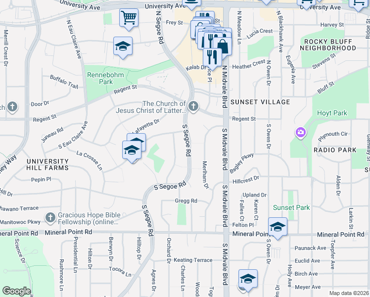 map of restaurants, bars, coffee shops, grocery stores, and more near 117 South Segoe Road in Madison