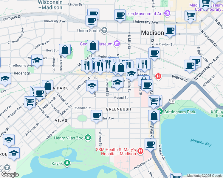 map of restaurants, bars, coffee shops, grocery stores, and more near 1225 Milton Street in Madison