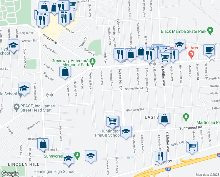 map of restaurants, bars, coffee shops, grocery stores, and more near 180 Stafford Avenue in Syracuse
