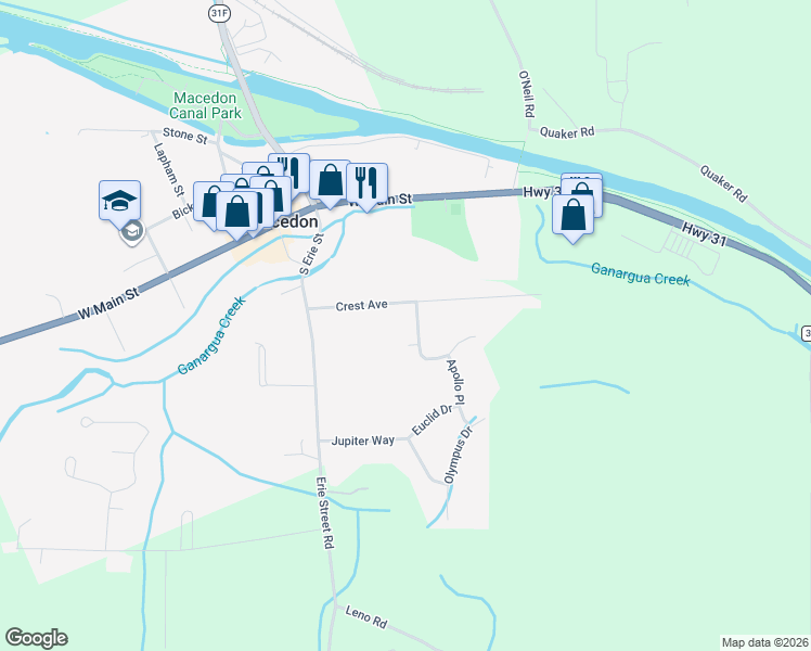 map of restaurants, bars, coffee shops, grocery stores, and more near 2 Southview Drive in Macedon
