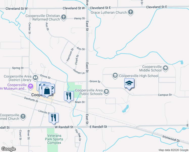 map of restaurants, bars, coffee shops, grocery stores, and more near 368 East Street in Coopersville