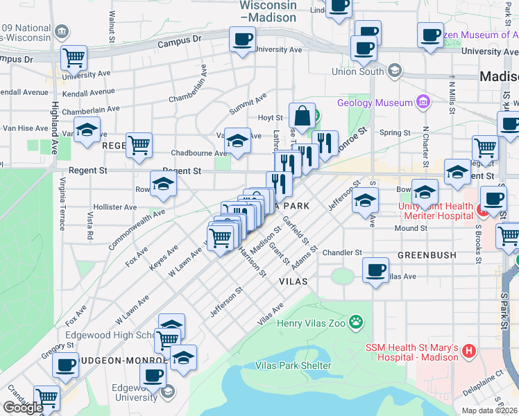 map of restaurants, bars, coffee shops, grocery stores, and more near 1718 Roberts Court in Madison