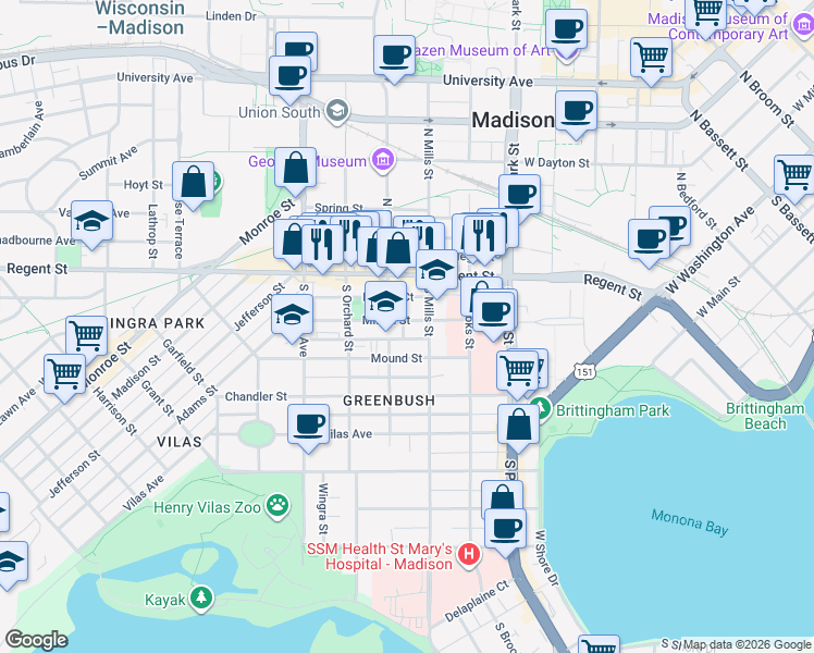 map of restaurants, bars, coffee shops, grocery stores, and more near 101 Milton Court in Madison