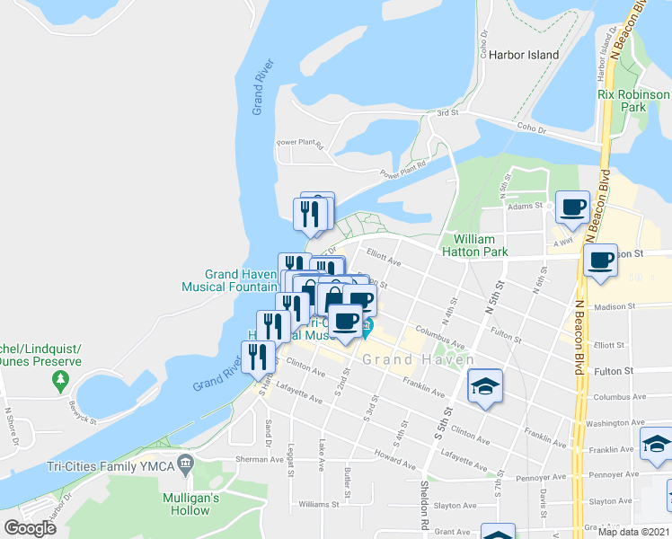 map of restaurants, bars, coffee shops, grocery stores, and more near 110 North Harbor Drive in Grand Haven