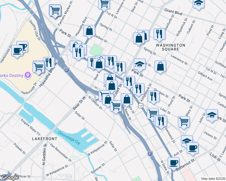 map of restaurants, bars, coffee shops, grocery stores, and more near 2407 Lodi Street in Syracuse