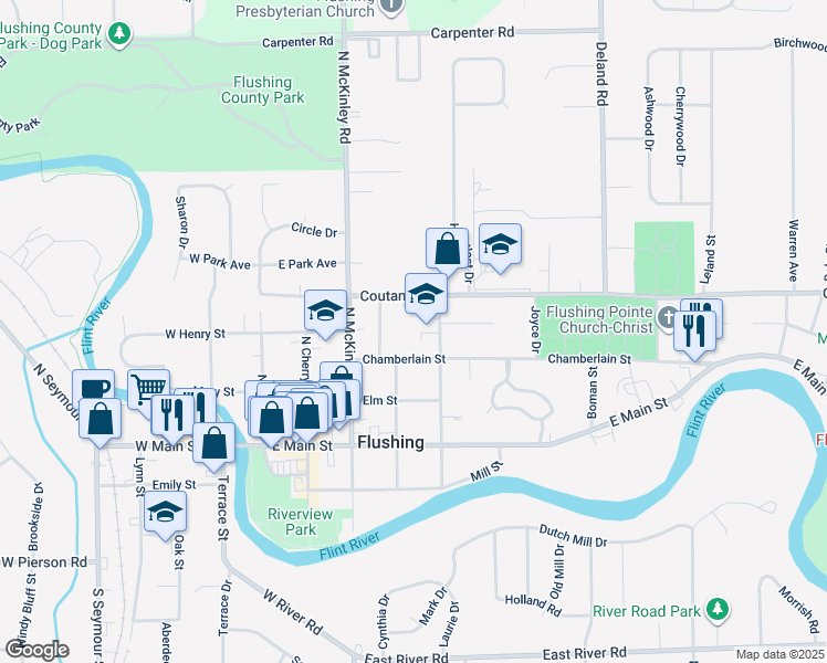 map of restaurants, bars, coffee shops, grocery stores, and more near 409 Chamberlain Street in Flushing