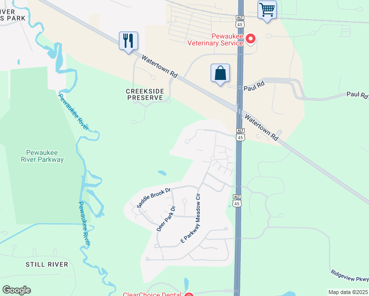 map of restaurants, bars, coffee shops, grocery stores, and more near N25W24205 River Park Drive in Pewaukee