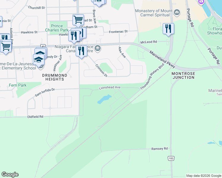 map of restaurants, bars, coffee shops, grocery stores, and more near 6000 Marineland Parkway in Niagara Falls
