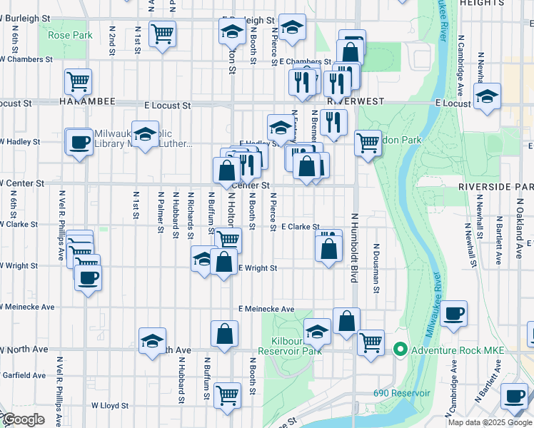 map of restaurants, bars, coffee shops, grocery stores, and more near 2637 North Pierce Street in Milwaukee