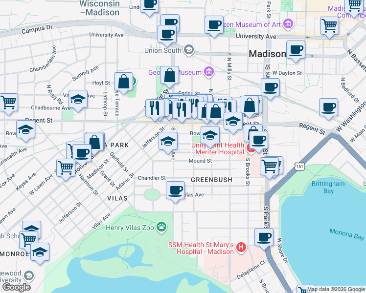 map of restaurants, bars, coffee shops, grocery stores, and more near 1325 Milton Street in Madison