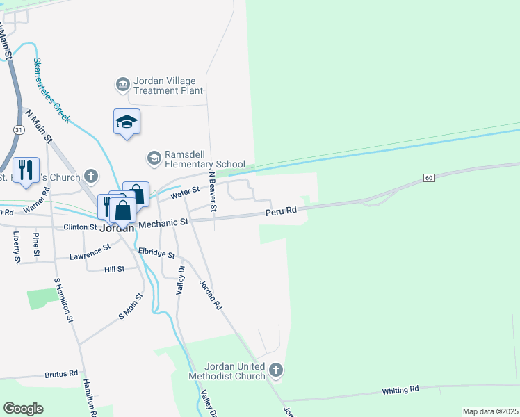 map of restaurants, bars, coffee shops, grocery stores, and more near 541 Peru Road in Jordan