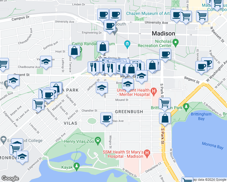 map of restaurants, bars, coffee shops, grocery stores, and more near 1313 Milton Street in Madison