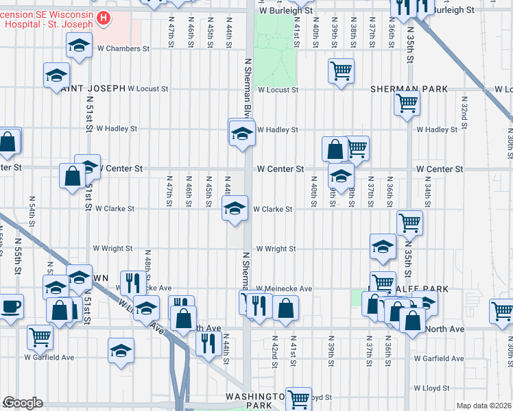 map of restaurants, bars, coffee shops, grocery stores, and more near 2608 North Sherman Boulevard in Milwaukee