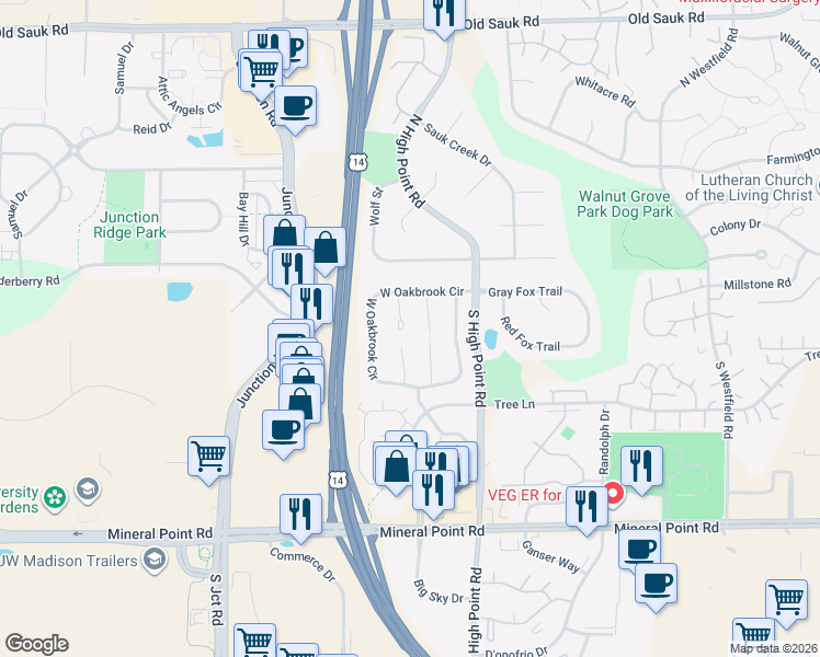 map of restaurants, bars, coffee shops, grocery stores, and more near 18 Oak Glen Court in Madison
