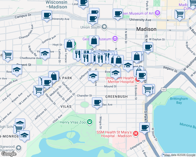 map of restaurants, bars, coffee shops, grocery stores, and more near 102 South Randall Avenue in Madison