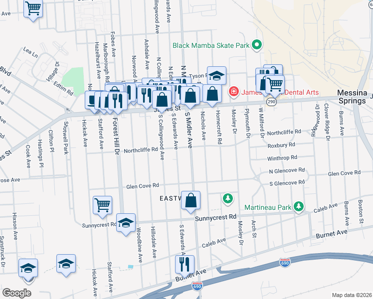 map of restaurants, bars, coffee shops, grocery stores, and more near 200 North Midler Avenue in Syracuse