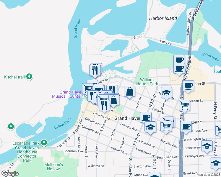 map of restaurants, bars, coffee shops, grocery stores, and more near 105 Fulton Street in Grand Haven