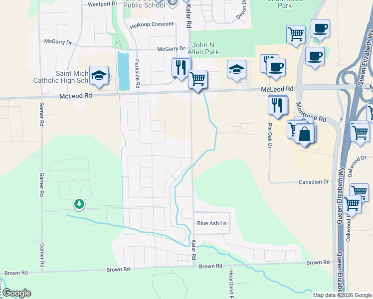 map of restaurants, bars, coffee shops, grocery stores, and more near 7549 Kalar Road in Niagara Falls