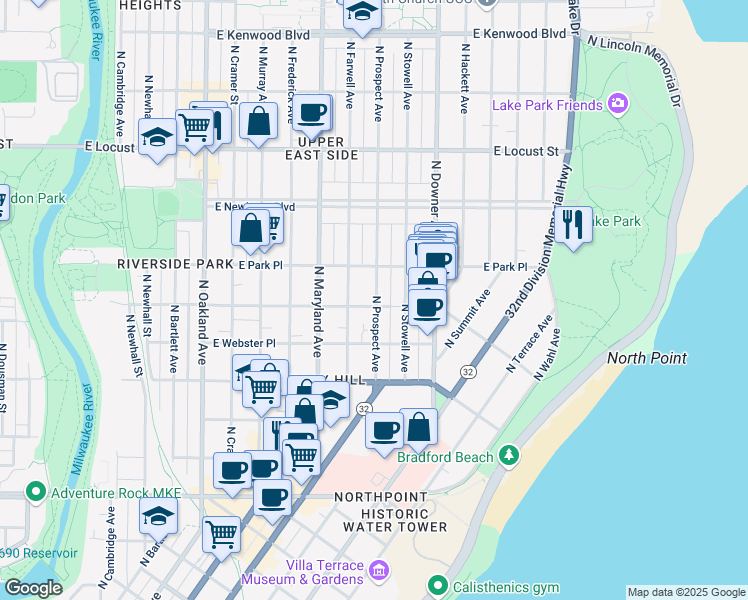 map of restaurants, bars, coffee shops, grocery stores, and more near 2614 North Prospect Avenue in Milwaukee
