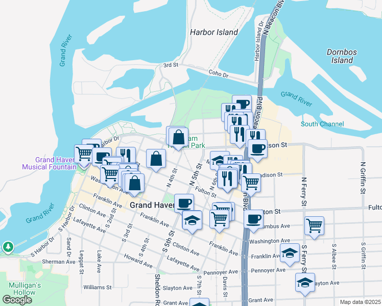 map of restaurants, bars, coffee shops, grocery stores, and more near 336 Jackson Street in Grand Haven
