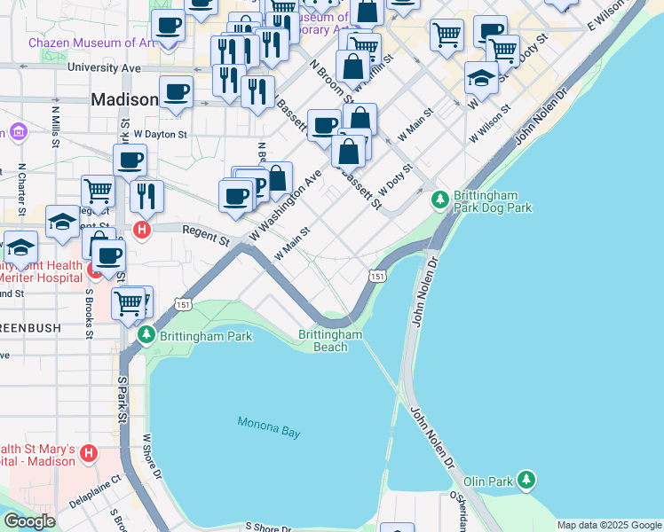 map of restaurants, bars, coffee shops, grocery stores, and more near 628 West Wilson Street in Madison