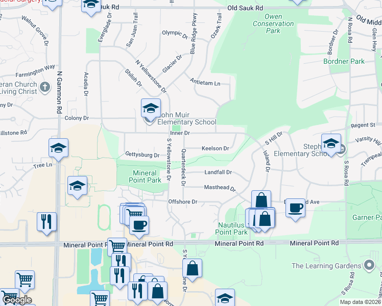 map of restaurants, bars, coffee shops, grocery stores, and more near 6425 Keelson Dr in Madison