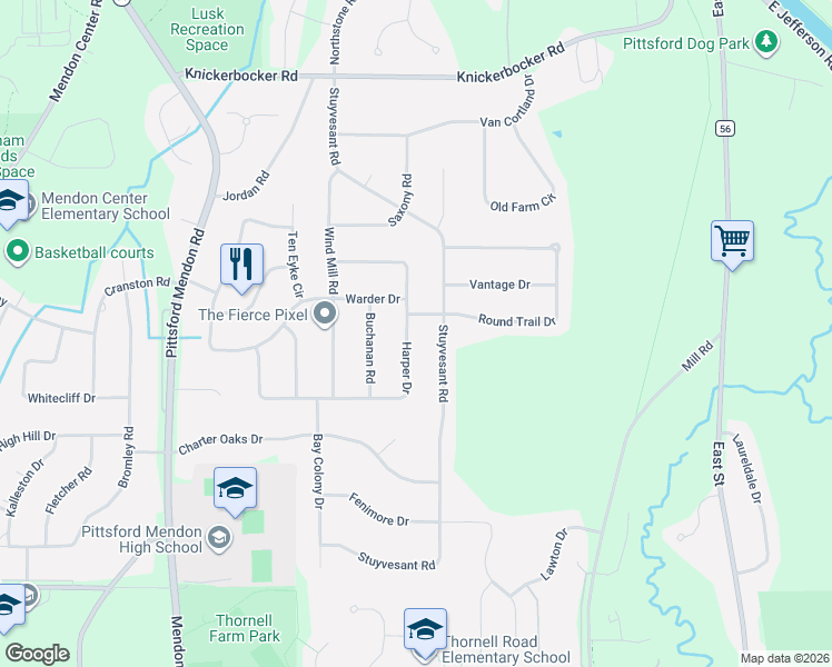 map of restaurants, bars, coffee shops, grocery stores, and more near 34 Harper Drive in Pittsford