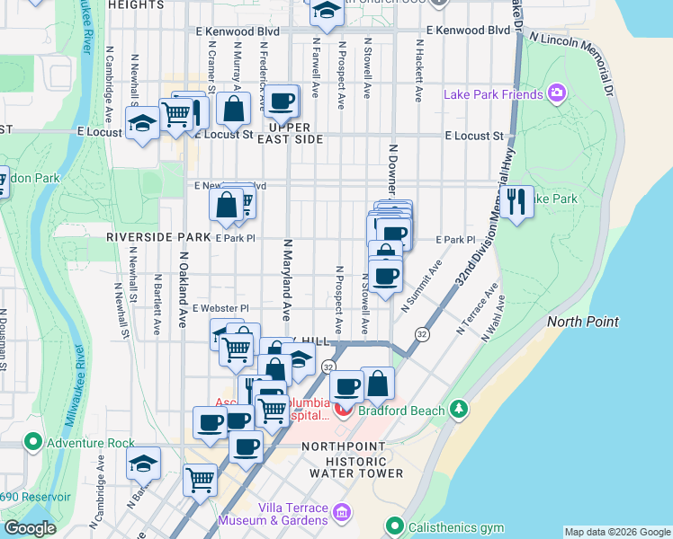 map of restaurants, bars, coffee shops, grocery stores, and more near 2605 North Prospect Avenue in Milwaukee